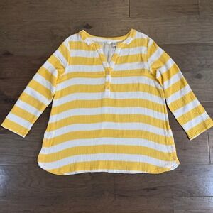 Kaktus Womens XL Yellow White Striped Cotton Gauze Roll Tab‎ Sleeve Tunic Top